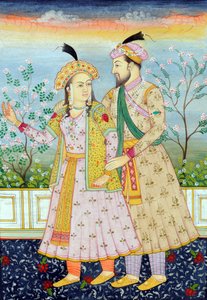 Miniaturmalerei des Mogulkaisers Shah Jahan mit Ehefrau Mumtaz Mahal