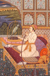 Miniaturmalerei eines Mogulprinzen, der Hooka genießt, Indien