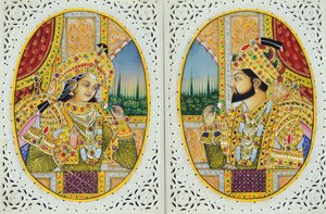 Miniaturmalerei von Shah Jahan mit Frau Mumtaj Mahal Indien Asien