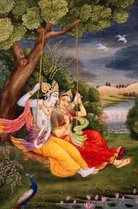 Radha Krishna genießen Jhoola Miniaturmalerei auf Papier
