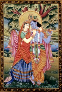 Radha und Krishna Liebesszene Miniaturmalerei auf Papier