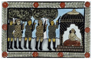 Die Geschichte der Anschläge vom 11. September 2001 erzählt von den Händlern Baul aus Bengalen. Malerei, Serie, Nummer 2/9, Bengalen.