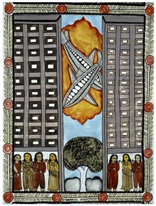 Die Geschichte der Anschläge vom 11. September 2001 erzählt von den Baul-Händlern aus Bengalen, eine Illustration der Flugzeuge, die am World Trade Center in New York teilnehmen. Malerei, Serie, Nummer 3/9, Bengalen
