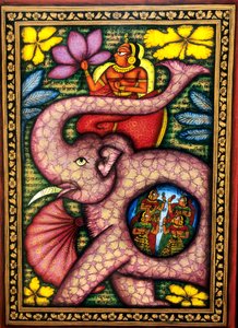 Frau sitzt auf Elefant und hält Blume, Miniaturmalerei, Indien