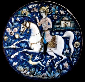 Iranische Kunst: Polychrome Keramikschale mit Reiterdarstellung von School Iranian