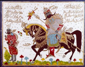 Islamische Kunst: Glasmalerei, die die Geschichte von Antar (Antar ibn Shaddad), einem arabischen vorislamischen Dichter des 6. Jahrhunderts, darstellt. von School Islamic