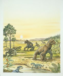 Anomodonten, Vordergrund, Pareisaurier, links, und Dinocephalier, rechts, Paläozoikum, Perm-Periode von School Italian