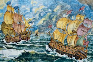 Keramiktafel, die zwei Segelschiffe darstellt, Produktion von Vietri sul Mare, Detail von School Italian