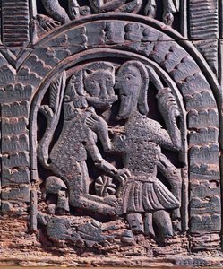 Detail einer Löwenjagd von einer mittelalterlichen Truhe (Holz)