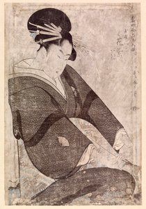 Sitzende japanische Frau (Farbholzschnitt) von School Japanese