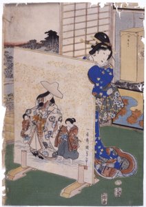 Frau steht hinter Tsuitate mit Malerei S. "Kunisada" von School Japanese