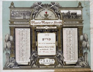 Gedenkkalender für zukünftige Bestattungsdienste eines verstorbenen nahen Verwandten. Jahrzeit-Gemälde. Jüdisches Museum Basel, Schweiz.