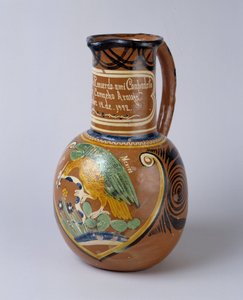 Volkskunst: Pulque-Krug (fermentierter Agavenalkohol) in bemalter und lackierter Terrakotta, aus Mexiko. 1972 Musée de la Vallée, Barcelonnette (Alpes de Haute Provence) von School Mexican