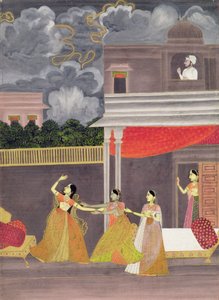 Eine Dame wird nachts aus einem Sturm hereingebracht: Illustration aus dem musikalischen Modus Madhu Madhavi von School Mughal
