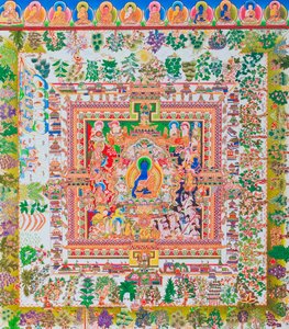 Medizin-Buddha-Mandala, die zentrale Figur des Bhaisajyaguru repräsentiert den höchsten Heiler in Mönchsgewändern mit einer Schale, die Heilpflanzen enthält