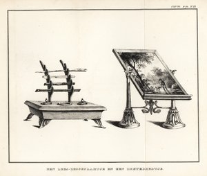 Lesepult mit Landschaft und Tintenfass mit Federkielen