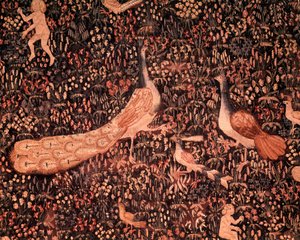 Der Vorhang des Seigneurialen Lebens: Detail, das Vögel und einen Pfau darstellt von School Netherlandish