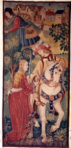Die Rückkehr von der Jagd. Ein Gentleman bietet einer jungen Dame Wild an. Tapisserie aus den Niederlanden