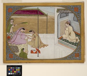 Ein Prinz, der die Vorbereitungen seiner Geliebten ausspioniert, ca. 1800 von School Pahari