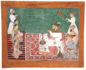 Rajah Deep Chand und Freunde rauchen eine Wasserpfeife, Bijapur, ca. 1760