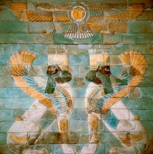 Persische Kunst: zwei androzephale Sphinxe (oder Löwen) unter Ahura Mazda, Gottheit des Zoroastrismus