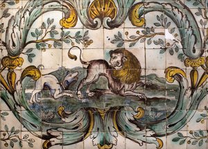 Hund bedroht einen Löwen (Detail)