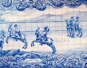 Reiter übt das Spiel Alcancias in Portugal. Azulejos. Botschaft von Italien, Lissabon von School Portuguese