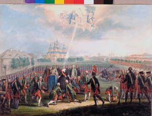Katharina II. wird vom Izmaylovsky-Leibgarderegiment am Tag der Palastrevolution begrüßt