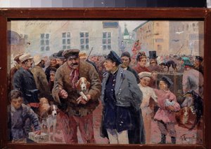 Der Tiermarkt auf dem Trubnaya-Platz in Moskau. Menschenmenge zwischen Käfigen und Haustierverkäufern. Werk eines russischen Meisters, Öl auf Leinwand, zweite Hälfte des 19. Jahrhunderts. Staatliches Zentralmuseum für Literatur, Moskau.