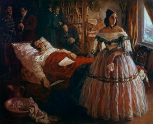 Der russische Dichter Alexander Puschkin auf seinem Sterbebett, umgeben von seiner Frau Natalia Gontscharowa und seinen Freunden