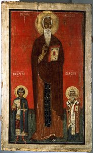 Der heilige Johannes Klimakos mit dem heiligen Georg und dem heiligen Blasius von School Russian