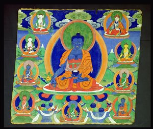 Thangka-Malerei zeigt den Medizin-Buddha, Bhaishajyaguru (Menla)