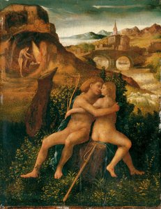 Venus und Mars in einer Flusslandschaft mit Vulkan, der in seiner Schmiede arbeitet, um 1500