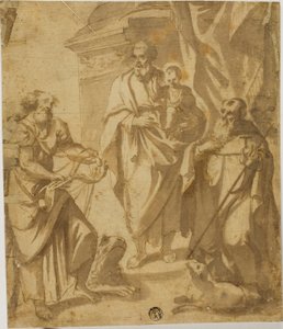 Heiliger Josef und Christuskind, mit den Heiligen Markus und Antonius von School of Guido Reni
