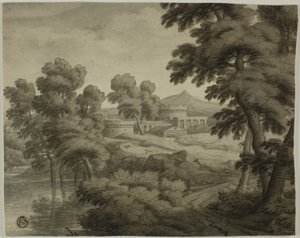 Italienische Landschaft mit Schloss, Bäumen und Wasser im Vordergrund