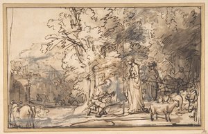 Das Treffen von Jakob und Rahel am Brunnen, 1640-49 von School of Rembrandt van Rijn