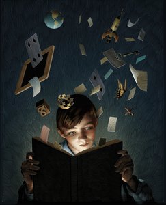 Die Vorstellungskraft eines Kindes, gefangen von einem Buch