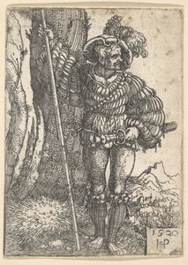Ein Landsknecht steht an einem Baum