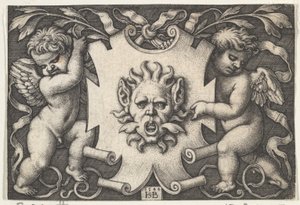 Eine Maske auf einem Wappenschild, unterstützt von zwei Genien, 1544