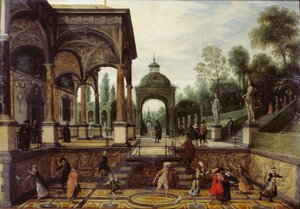 Italienischer Garten mit Galerie und Figuren, erstes Drittel des 17. Jahrhunderts