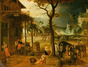 Dorf mit Reisenden, die sich in einem Gasthaus erfrischen