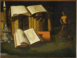 Buch, Kerze und Statuette von Sebastian Stoskopff