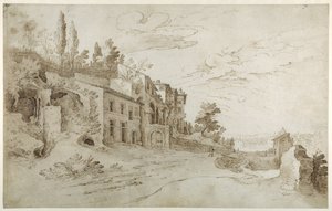 Häuser unter den Ruinen mit einem entfernten Blick auf Rom von Sebastian Vrancx