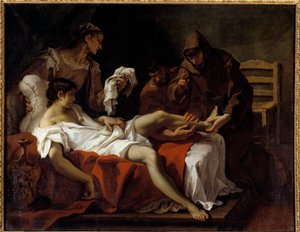 Der heilige Antonius von Padua warnt einen jungen Mann, der seinen Fuß amputiert hatte, um sich für das Schlagen seiner Mutter zu bestrafen. Gemälde von Sebastiano Ricci (1659-1734) von Sebastiano Ricci