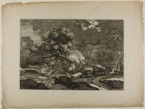 Karren, gezogen von zwei Paar Ochsen im Sturm von Sébastien Bourdon