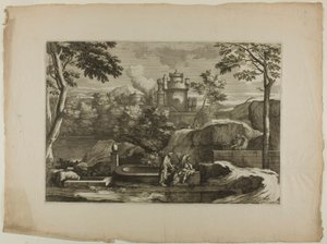 Ansicht einer Stadt (Christus mit dem barmherzigen Samariter am Brunnen) von Sébastien Bourdon