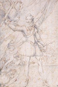 König Heinrich IV., ganzfigurig, eine Trophäe der osmanischen Waffen zu seinen Füßen, eine Schriftrolle vor einem Adler erhebend von Second School of Fountainebleau