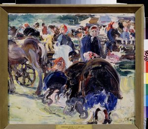 Ein Jahrmarkt. Marktplatz in der Provinz mit Bäuerinnen und Händlern. Gemälde von Semjon Gawrilowitsch Nikiforow (1877-1912), Öl auf Leinwand von Semen Gavriilovich Nikiforov