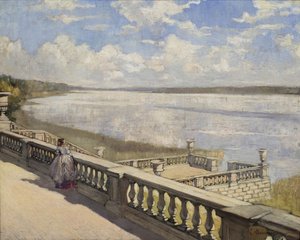 Sonniger Tag. Eine Dame an der Balustrade