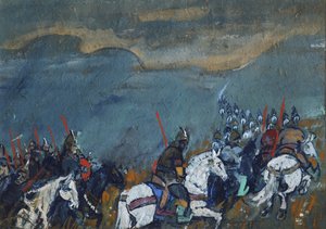 Armee des Zaren Dodon. Illustration zum Märchen Der goldene Hahn von A. Puschkin